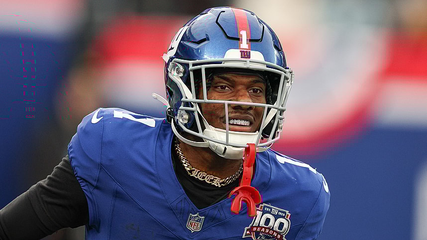 Dec 29, 2024; East Rutherford, New Jersey, USA; New York Giants wide receiver Malik Nabers (1) celebrates after a touchdown reception during the second half against the Indianapolis Colts at MetLife Stadium. Mandatory Credit: Vincent Carchietta-Imagn Images