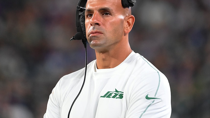 Aug 24, 2024; East Rutherford, New Jersey, USA; New York Jets head coach Robert Saleh looks on against the New York Giants during the first half at MetLife Stadium. Mandatory Credit: Rich Barnes-Imagn Images