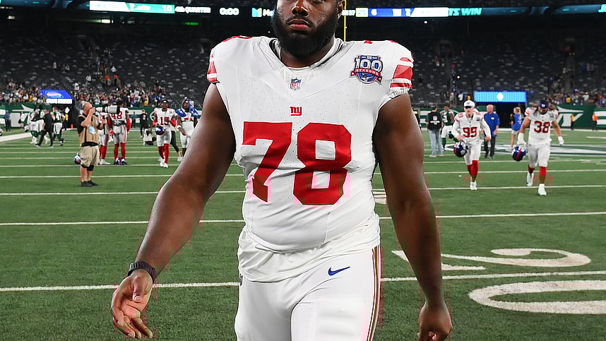 Aug 24, 2024; East Rutherford, New Jersey, USA; New York Giants offensive tackle Andrew Thomas (78) walks off the field following the game against the New York Jets at MetLife Stadium. Mandatory Credit: Rich Barnes-Imagn Images