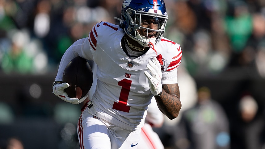Jan 5, 2025; Philadelphia, Pennsylvania, USA; New York Giants wide receiver Malik Nabers (1) runs with the ball against the Philadelphia Eagles during the first quarter at Lincoln Financial Field. Mandatory Credit: Bill Streicher-Imagn Images