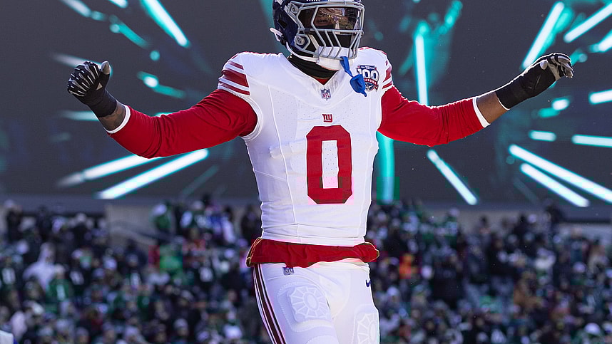 Jan 5, 2025; Philadelphia, Pennsylvania, USA; New York Giants linebacker Brian Burns (0) takes the field for action against the Philadelphia Eagles at Lincoln Financial Field. Mandatory Credit: Bill Streicher-Imagn Images