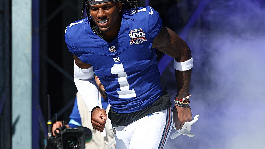 Oct 20, 2024; East Rutherford, New Jersey, USA; New York Giants wide receiver Malik Nabers (1) enter the field during introductions before the game against the Philadelphia Eagles at MetLife Stadium. Mandatory Credit: Vincent Carchietta-Imagn Images