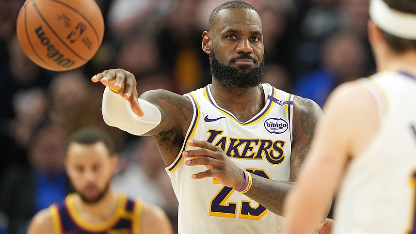 Jan 25, 2025; San Francisco, California, USA; Los Angeles Lakers forward LeBron James (23) passes against the Golden State Warriors during the fourth quarter at Chase Center. Mandatory Credit: Darren Yamashita-Imagn Images