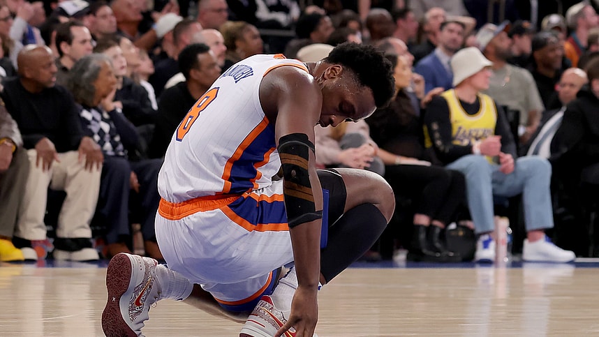 Feb 1, 2025; New York, New York, USA; New York Knicks forward OG Anunoby (8) reacts during the second quarter against the Los Angeles Lakers at Madison Square Garden. Mandatory Credit: Brad Penner-Imagn Images