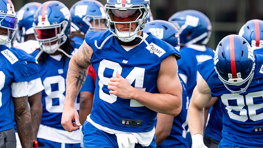 Theo Johnson with the NY Giants, runs drills during a practice at Quest Diagnostics Training Center, East Rutherford, NJ, May 28, 2025.