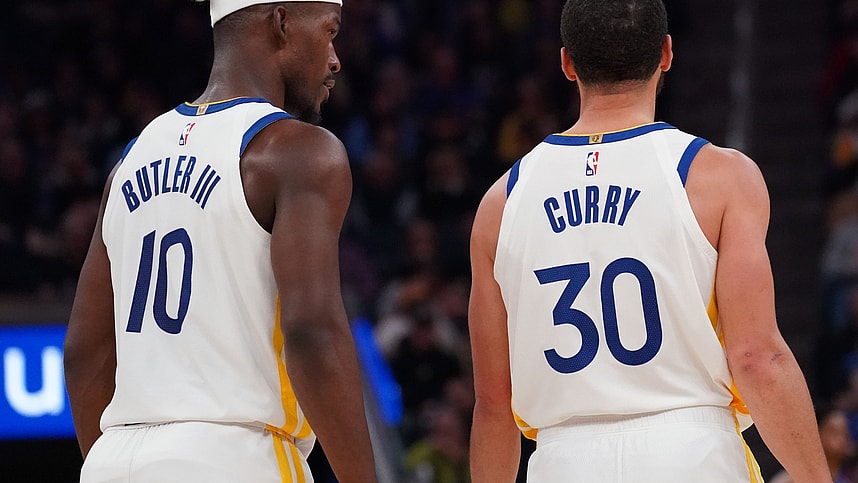 Mar 8, 2025; San Francisco, California, USA; Golden State Warriors forward Jimmy Butler III (10) talks with guard Stephen Curry (30) during a game against the Detroit Pistons in the second quarter at Chase Center. Mandatory Credit: David Gonzales-Imagn Images