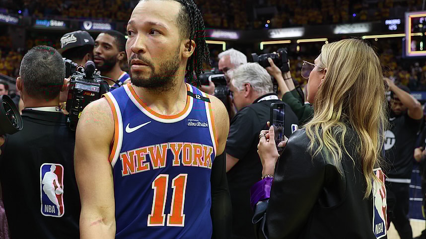 May 31, 2025; Indianapolis, Indiana, USA; New York Knicks guard Jalen Brunson (11) reacts after game six of the eastern conference finals against the Indiana Pacers for the 2025 NBA Playoffs at Gainbridge Fieldhouse. Mandatory Credit: Trevor Ruszkowski-Imagn Images