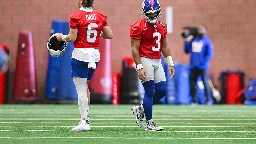 Jun 17, 2025; East Rutherford, NJ, USA; New York Giants quarterback Jaxson Dart (6) and quarterback Russell Wilson (3) interact during minicamp at Quest Diagnostics Training Center. Mandatory Credit: John Jones-Imagn Images
