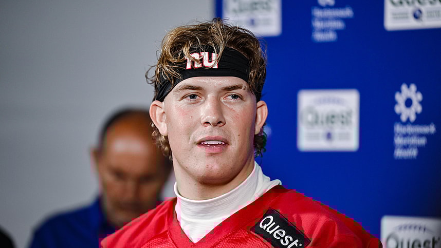 Jun 18, 2025; East Rutherford, NJ, USA; New York Giants quarterback Jaxson Dart (6) speaks at a press conference during minicamp at Quest Diagnostics Training Center. Mandatory Credit: John Jones-Imagn Images