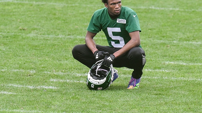 Jun 10, 2025; East Rutherford, NJ, USA; New York Jets wide receiver Garrett Wilson (5) looks on during minicamp at Atlantic Health Jets Training Center. Mandatory Credit: John Jones-Imagn Images