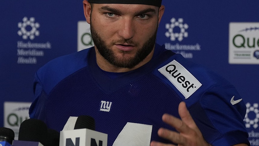 Eat Rutherford, NJ -- May 9, 2025 -- Cam Skattebo talks to the media following practice at Giants Rookie Minicamp.