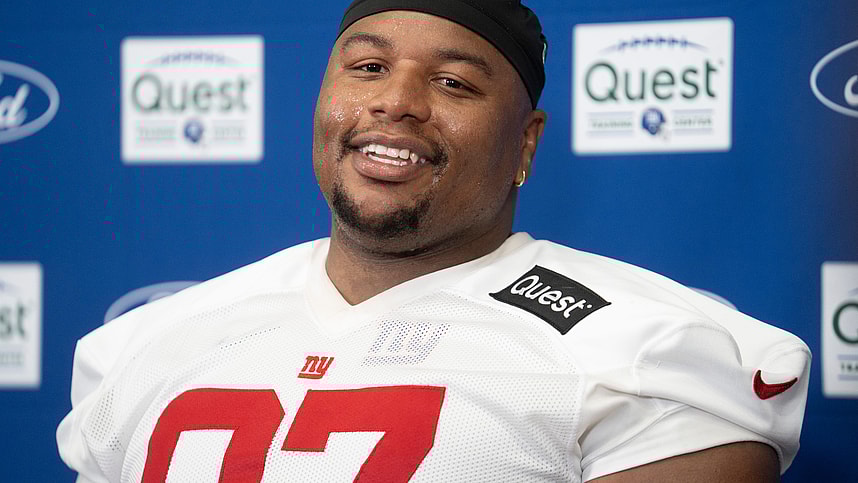 New York Giants defensive tackle Dexter Lawrence II (97) speaks at a press conference during day one of the New York Giants training camp at Quest Diagnostics Giants Training Center in East Rutherford on Wednesday, July 23, 2025.