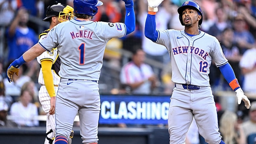 Aug 24, 2024; San Diego, California, USA; New York Mets shortstop Francisco Lindor (12) is congratulated by second baseman Jeff McNeil (1) after hitting a grand slam home run against the San Diego Padres during the fourth inning at Petco Park. Mandatory Credit: Orlando Ramirez-USA TODAY Sports