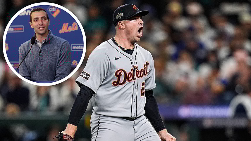 Tigers pitcher Tarik Skubal celebrates striking out Mariners catcher Cal Raleigh in the sixth inning of ALDS Game 5 at T-Mobile Park in Seattle on Friday, Oct. 10, 2025., mets