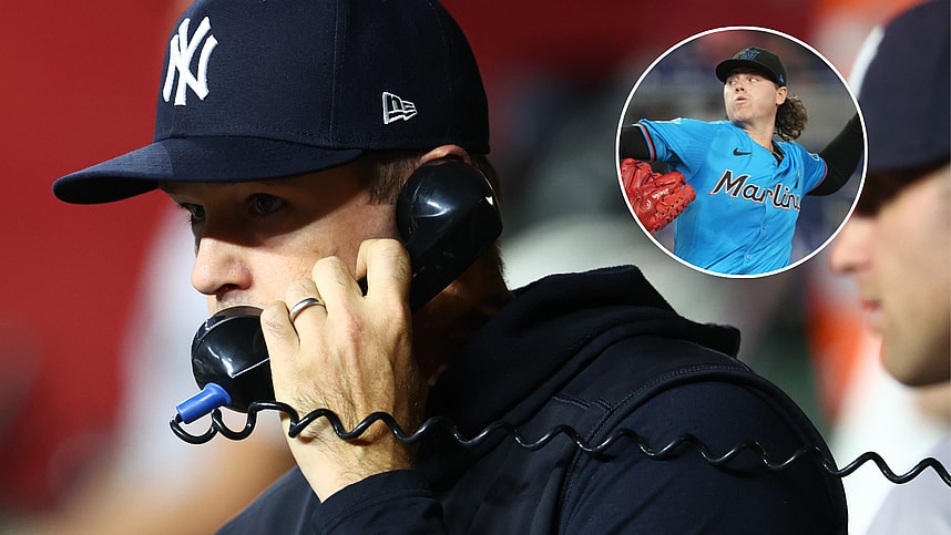 Jun 1, 2025; Miami, Florida, USA; Miami Marlins pitcher Ryan Weathers (35) pitches against the San Francisco Giants in the first inning at loanDepot Park. Mandatory Credit: Jim Rassol-Imagn Images/Apr 1, 2024; Phoenix, Arizona, USA; New York Yankees pitching coach Matt Blake against the Arizona Diamondbacks at Chase Field. Mandatory Credit: Mark J. Rebilas-Imagn Images