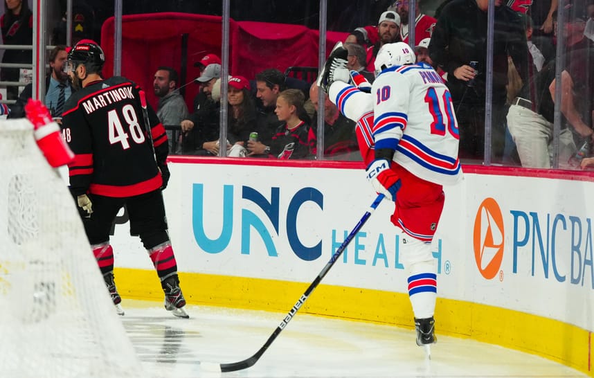 May 9, 2024; Raleigh, North Carolina, USA; New York Rangers left wing Artemi Panarin (10) celebrates his game winning goal against the Carolina Hurricanes in the first overtime against the Carolina Hurricanes in game three of the second round of the 2024 Stanley Cup Playoffs at PNC Arena. Mandatory Credit: James Guillory-USA TODAY Sports