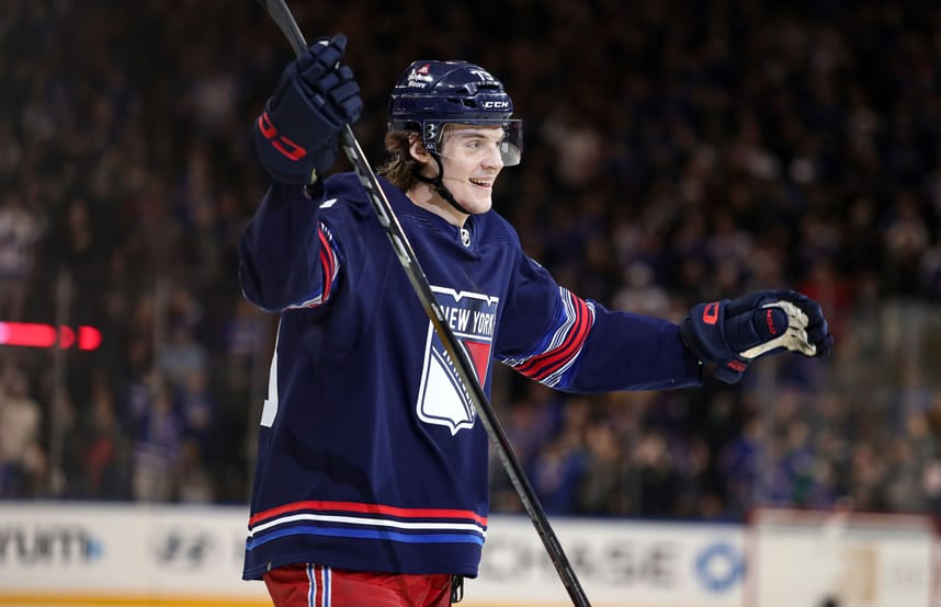 New York Rangers center Matt Rempe (73) celebrates a goal that was later overturned by replay during the second period against the St. Louis Blues at Madison Square Garden