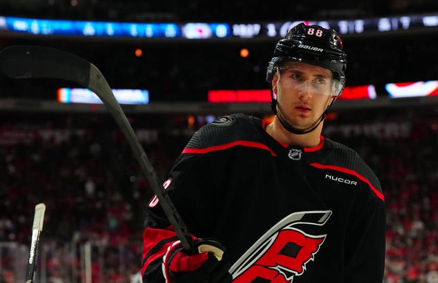 May 9, 2024; Raleigh, North Carolina, USA; Carolina Hurricanes center Martin Necas (88) looks on against the New York Rangers during the second period in game three of the second round of the 2024 Stanley Cup Playoffs at PNC Arena. Mandatory Credit: James Guillory-USA TODAY Sports