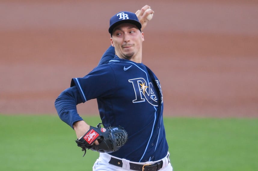 Tampa Bay Rays starting pitcher Blake Snell (4) pitches against the New York Yankees during the first inning in game one of the 2020 ALDS at Petco Park