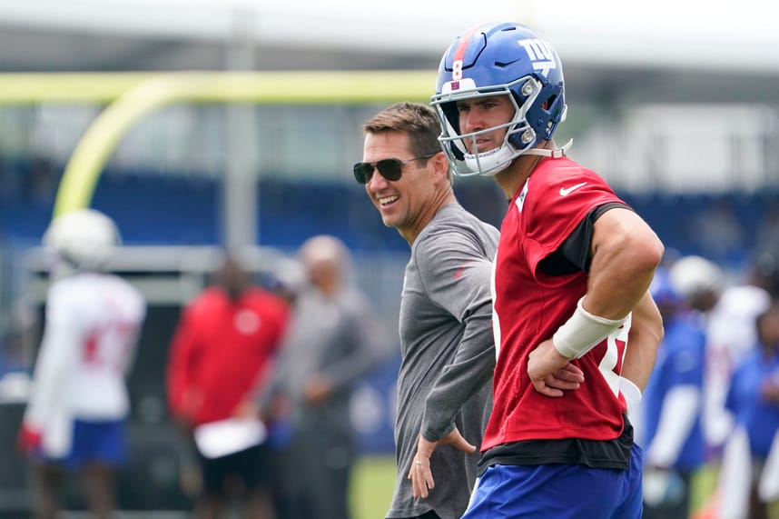 New York Giants quarterback Daniel Jones (8) and general manager Joe Schoen, left, on day two of training camp at the Quest Diagnostics Training Facility
