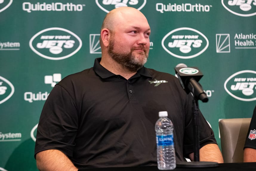 New York Jets general manager Joe Douglas addresses the media during the introductory press conference for quarterback Aaron Rodgers (8) (not pictured) at Atlantic Health Jets Training Center