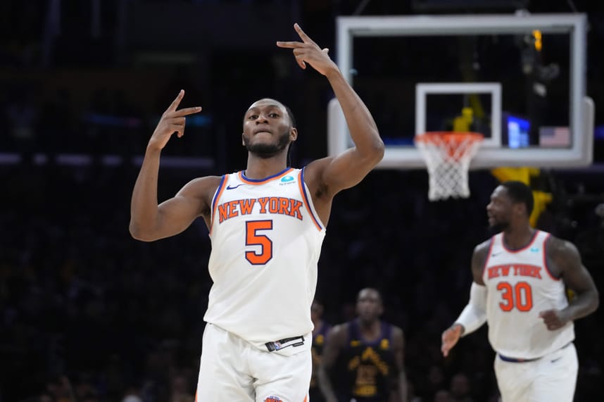 New York Knicks guard Immanuel Quickley (5) celebrates against the Los Angeles Lakers in the second half at Crypto.com Arena