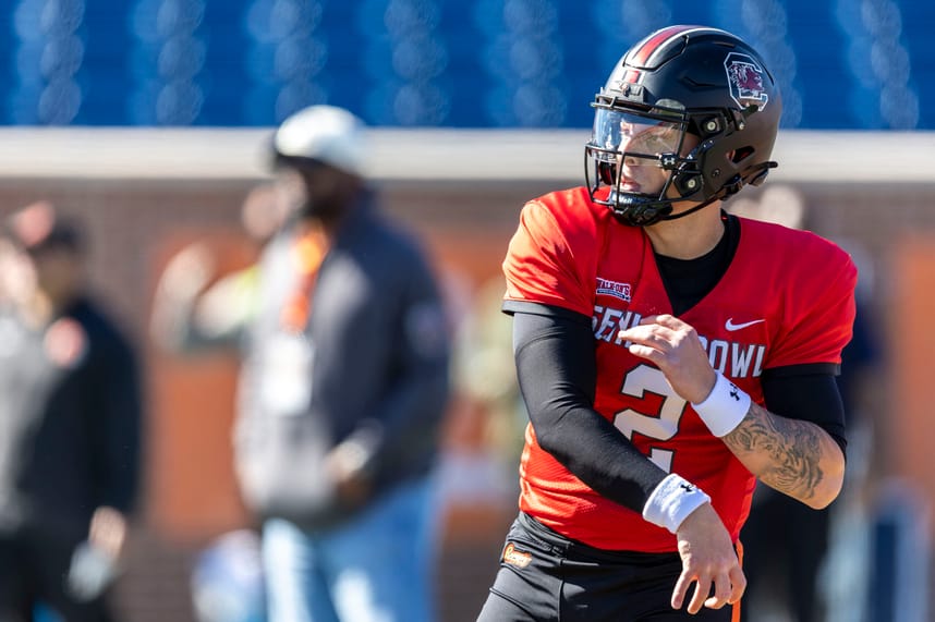 American quarterback Spencer Rattler of South Carolina (2) (New York Giants draft prospect) throws the ball during practice for the American team at Hancock Whitney Stadium