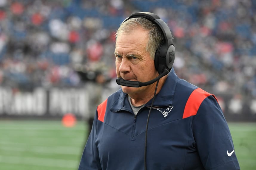 New England Patriots head coach Bill Belichick walks the sideline at a preseason game against the New York Giants during the first half at Gillette Stadium