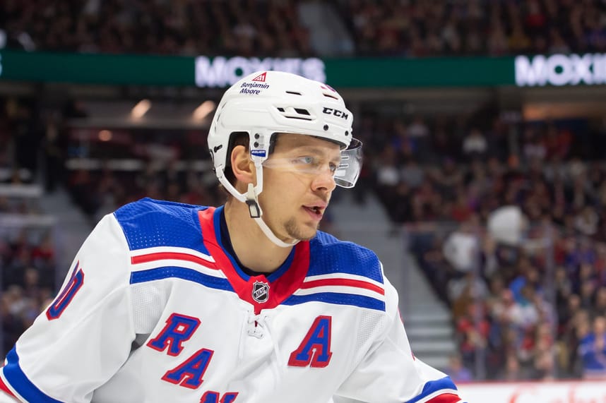 New York Rangers left wing Artemi Panarin (10) skates in the second period against the Ottawa Senators at the Canadian Tire Centre