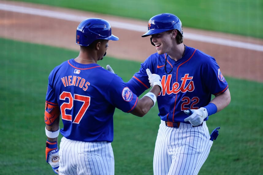 New York Mets third baseman Brett Baty (22) celebrates with New York Mets third baseman Mark Vientos (27) after hitting a home run against the St. Louis Cardinals during the second inning at Clover Park