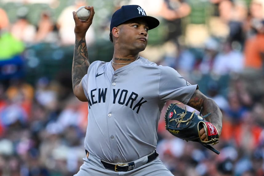 May 1, 2024; Baltimore, Maryland, USA;  New York Yankees pitcher Luis Gil (81) throws a second inning pitch against the Baltimore Orioles at Oriole Park at Camden Yards. Mandatory Credit: Tommy Gilligan-USA TODAY Sports