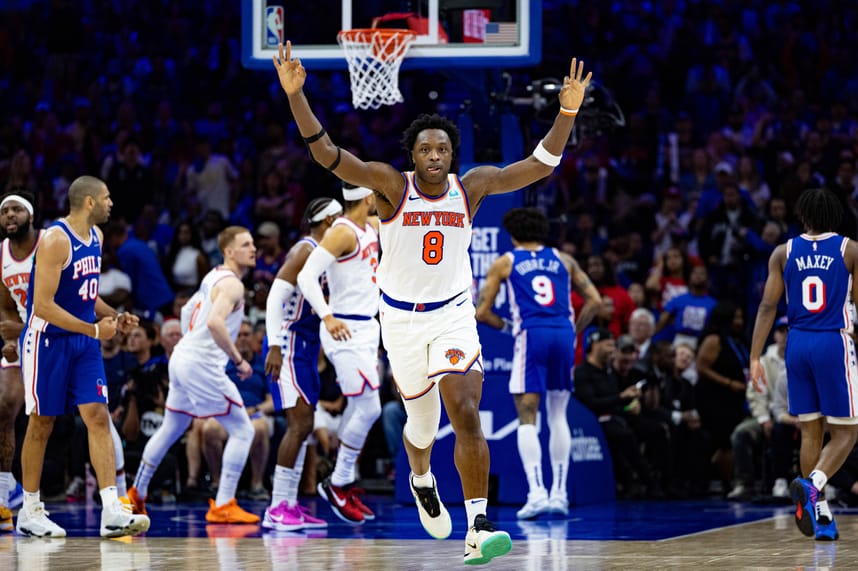 May 2, 2024; Philadelphia, Pennsylvania, USA; New York Knicks forward OG Anunoby (8) reacts to his three pointer against the Philadelphia 76ers during the second half of game six of the first round for the 2024 NBA playoffs at Wells Fargo Center. Mandatory Credit: Bill Streicher-USA TODAY Sports