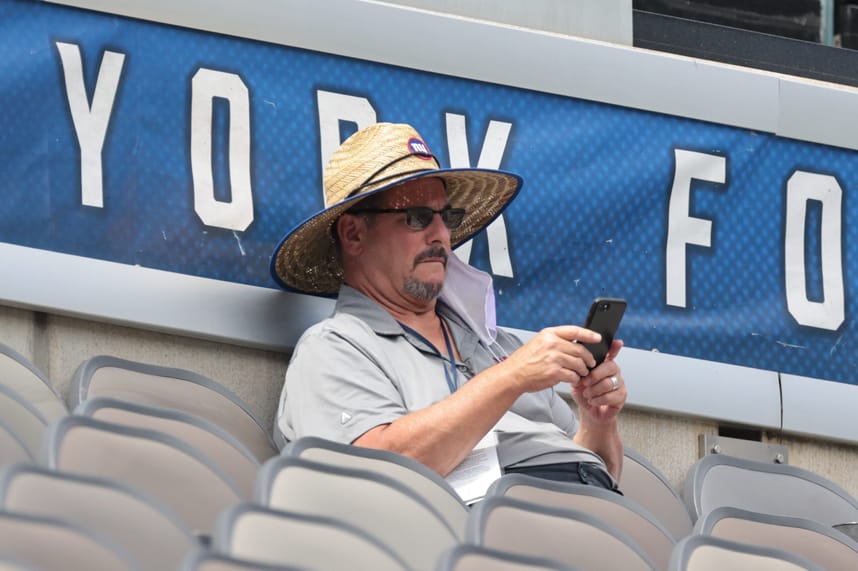 Sep 3, 2020; East Rutherford, New Jersey, USA; New York Giants general manager Dave Gettleman during the Blue-White Scrimmage at MetLife Stadium. Mandatory Credit: Vincent Carchietta-USA TODAY Sports