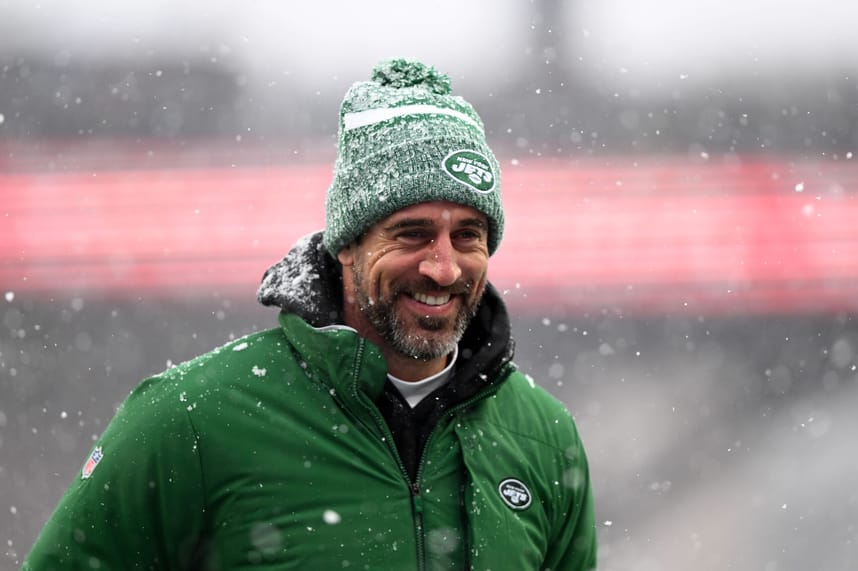 Jan 7, 2024; Foxborough, Massachusetts, USA; New York Jets quarterback Aaron Rodgers (8)  walks off of the field before a game against the New England Patriots at Gillette Stadium. Mandatory Credit: Brian Fluharty-USA TODAY Sports