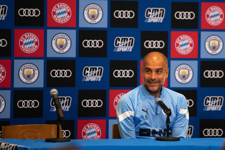 Manchester City manager Pep Guardiola speaks to the media in preparation for Saturday's exhibition game, on Friday, July 22, 2022 at Lambeau Field in Green Bay, Wis. Samantha Madar/USA TODAY NETWORK-Wisconsin