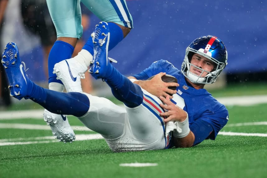New York Giants quarterback Daniel Jones (8), is shown on the ground after being sacked by Dallas Cowboys linebacker Micah Parsons (not shown) in the first quarter. Sunday, September 10, 2023 Credit:Kevin R. Wexler/NorthJersey.com / USA TODAY NETWORK