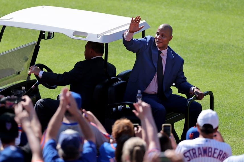 Jun 1, 2024; New York City, New York, USA; New York Mets former player Darryl Strawberry waves to fans from the back of a golf cart after his number 18 was retired in a ceremony before a game against the Arizona Diamondbacks at Citi Field. Mandatory Credit: Brad Penner-USA TODAY Sports