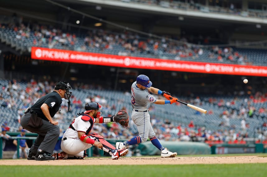 Jun 5, 2024; Washington, District of Columbia, USA; New York Mets catcher Luis Torrens (13) hits a solo home run against the Washington Nationals during the third inning at Nationals Park. Mandatory Credit: Geoff Burke-USA TODAY Sports