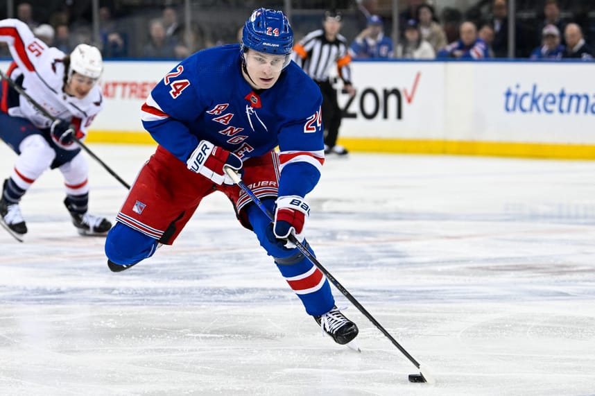 Apr 23, 2024; New York, New York, USA;  New York Rangers right wing Kaapo Kakko (24) skates across the blue line against the Washington Capitals during the third period in game two of the first round of the 2024 Stanley Cup Playoffs at Madison Square Garden. Mandatory Credit: Dennis Schneidler-USA TODAY Sports