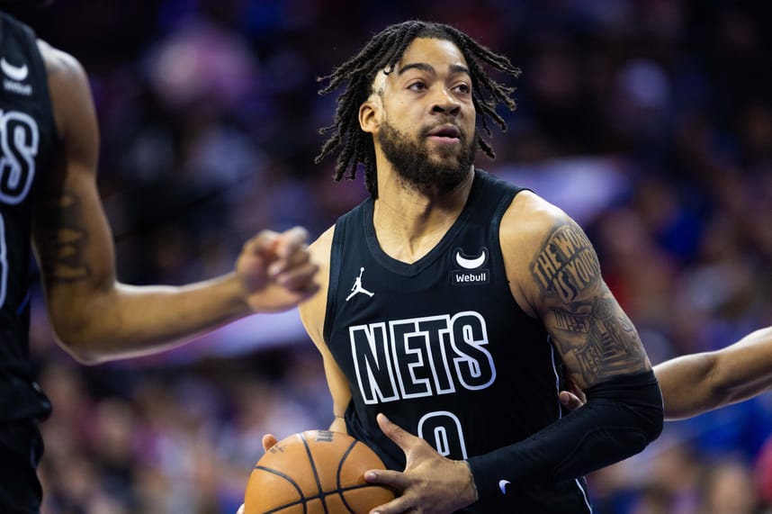 Apr 14, 2024; Philadelphia, Pennsylvania, USA; Brooklyn Nets forward Trendon Watford (9) controls the ball against the Philadelphia 76ers during the first quarter at Wells Fargo Center. Mandatory Credit: Bill Streicher-USA TODAY Sports