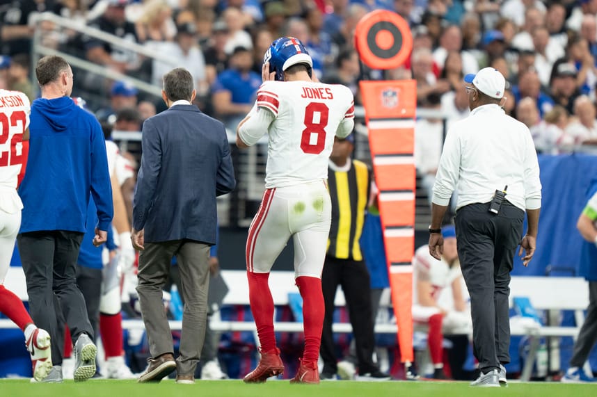 November 5, 2023; Paradise, Nevada, USA; New York Giants quarterback Daniel Jones (8) walks to the sideline after an injury against the Las Vegas Raiders during the second quarter at Allegiant Stadium. Mandatory Credit: Kyle Terada-USA TODAY Sports