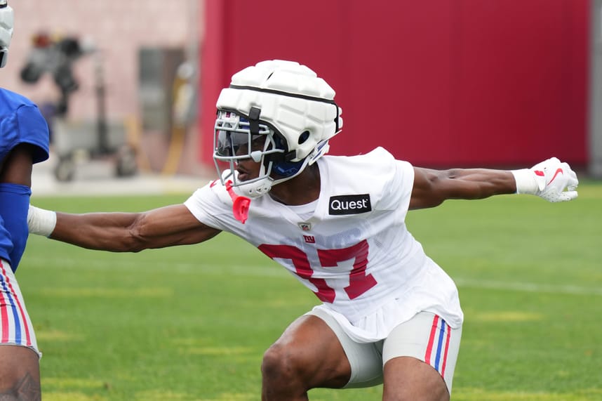 Jul 25, 2024; East Rutherford, NY, USA; New York Giants cornerback Tre Hawkins III (37) participates in a drill during training camp at Quest Diagnostics Training Center. Mandatory Credit: Lucas Boland-USA TODAY Sports