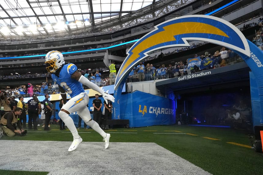 Oct 29, 2023; Inglewood, California, USA; Los Angeles Chargers safety Derwin James Jr. (3) enters the field before the game against the Chicago Bears at SoFi Stadium. Mandatory Credit: Kirby Lee-Imagn Images