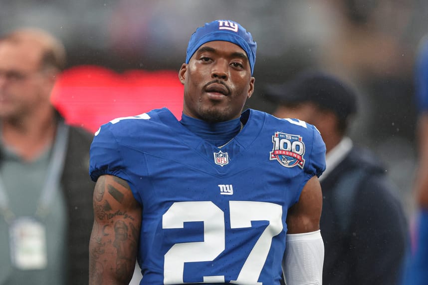 Aug 8, 2024; East Rutherford, New Jersey, USA; New York Giants safety Jason Pinnock (27) looks on before the game against the Detroit Lions at MetLife Stadium. Mandatory Credit: Vincent Carchietta-Imagn Images