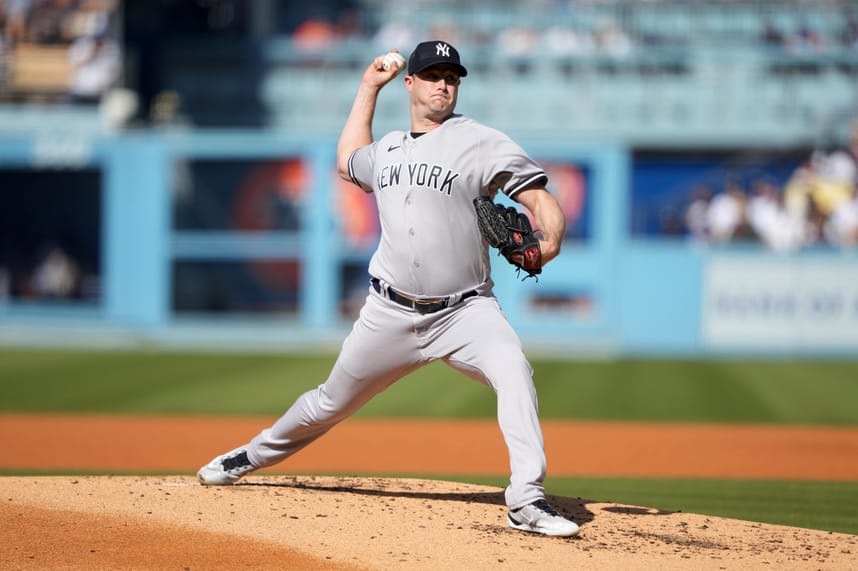 Jun 3, 2023; Los Angeles, California, USA; New York Yankees starting pitcher Gerrit Cole (45) throws in the second inning against the Los Angeles Dodgers at Dodger Stadium. Mandatory Credit: Kirby Lee-Imagn Images