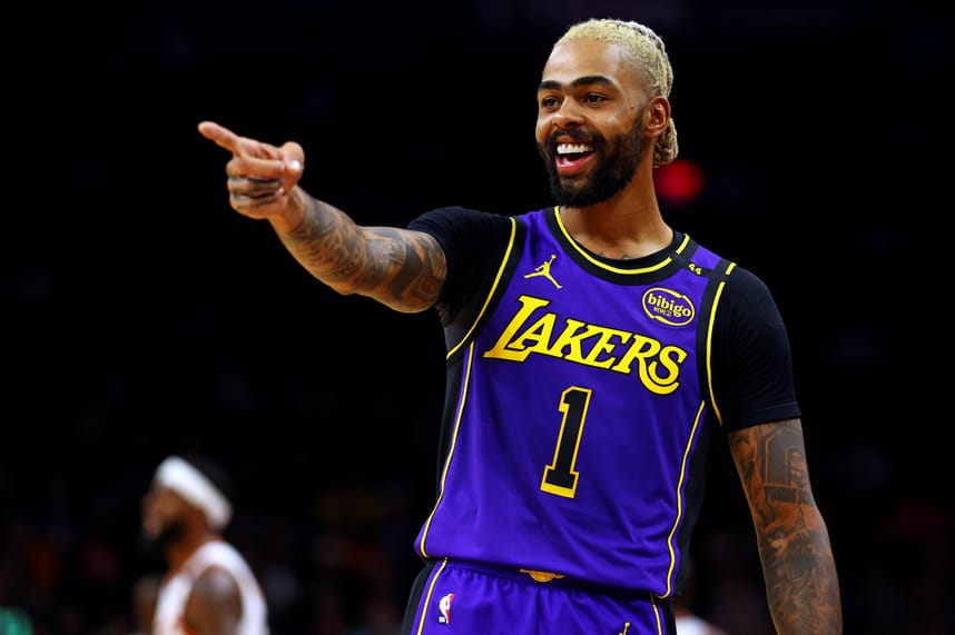 Oct 28, 2024; Phoenix, Arizona, USA; Los Angeles Lakers guard D'Angelo Russell (1) reacts to a play during the first half against the Phoenix Suns at Footprint Center. Mandatory Credit: Mark J. Rebilas-Imagn Images
