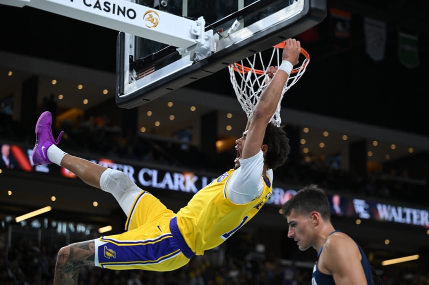 Oct 4, 2024; Palm Desert, California, USA; Los Angeles Lakers center Jaxson Hayes (11) dunks against the Minnesota Timberwolves during the first half at Acrisure Arena. Mandatory Credit: Jonathan Hui-Imagn Images