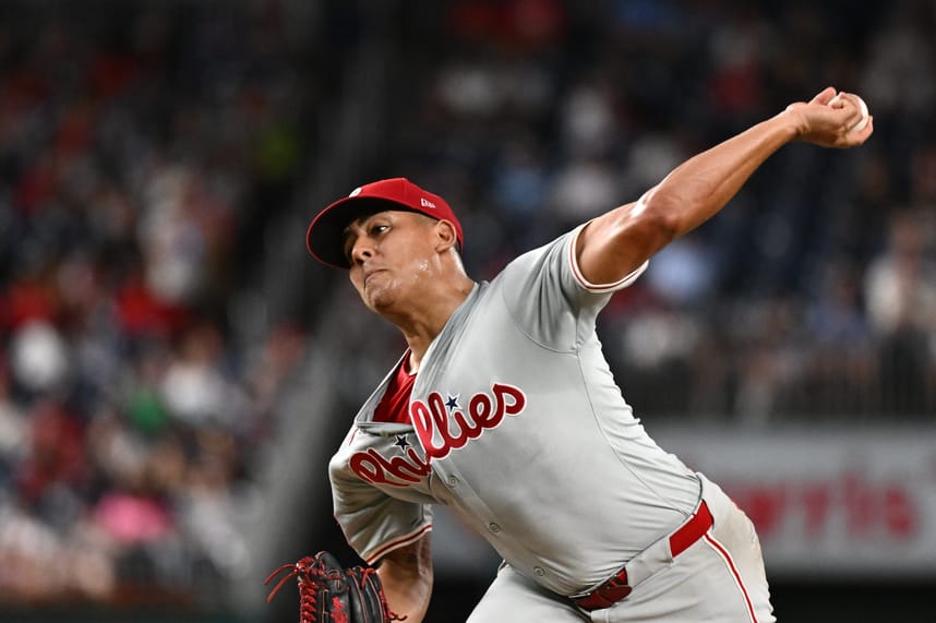 Sep 27, 2024; Washington, District of Columbia, USA; Philadelphia Phillies pitcher Ranger Suarez (55) delivers a pitch second inning against the Washington Nationals at Nationals Park. Mandatory Credit: James A. Pittman-Imagn Images
