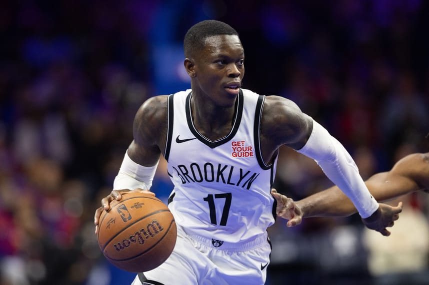 Nov 22, 2024; Philadelphia, Pennsylvania, USA; Brooklyn Nets guard Dennis Schroder (17) dribbles the ball against the Philadelphia 76ers during the first quarter at Wells Fargo Center. Mandatory Credit: Bill Streicher-Imagn Images