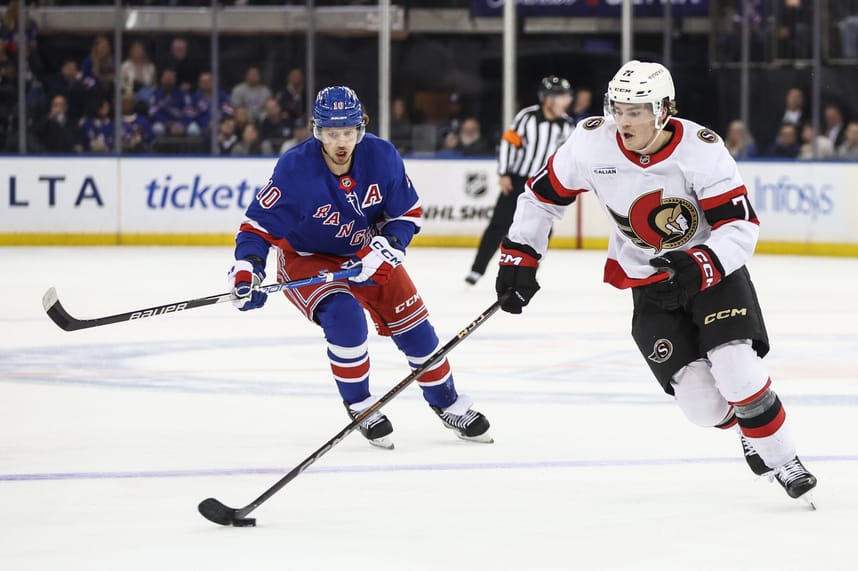 Nov 1, 2024; New York, New York, USA; New York Rangers left wing Artemi Panarin (10) and Ottawa Senators center Ridly Greig (71) chase after the puck in the first period at Madison Square Garden. Mandatory Credit: Wendell Cruz-Imagn Images